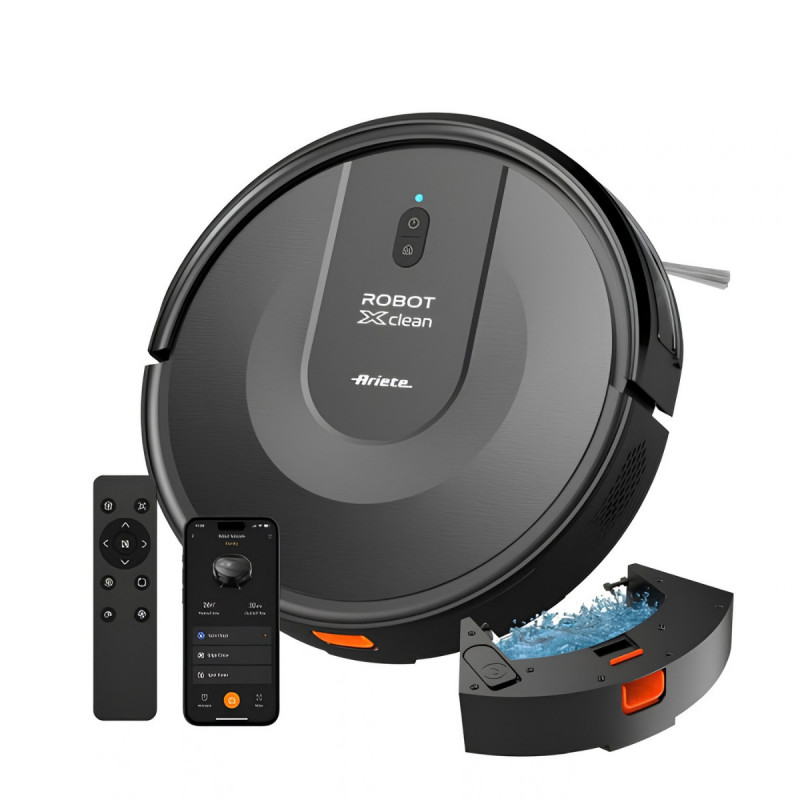 Прахосмукачка робот Ariete X-CLEAN 2719/00, 32W, 3в1, Сухо и мокро почистване, Wi-Fi, HEPA филтър, Картографиране, Черен
