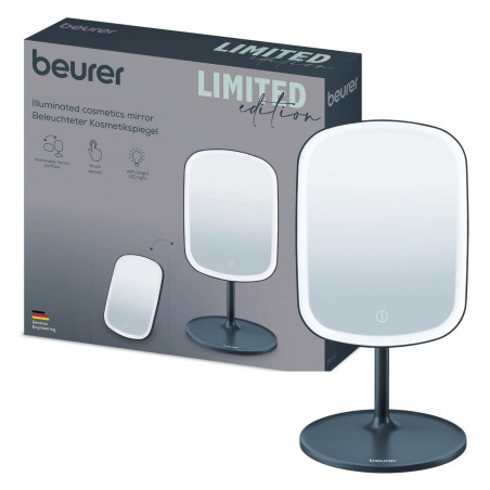 Козметично огледало Beurer BS 47 LE, 21 см, Автономност 3 ч, 33 LED светодиода, Плаво регулуране на светлината, USB-C, Тъмносив