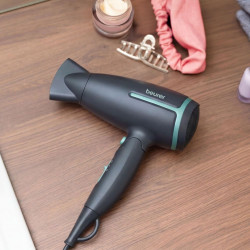 Туристически сешоар Beurer HC 25 LE, 1600W, 2 скорости, 2 темп, Йонизация, Сваляем филтър, Тъмносив/син
