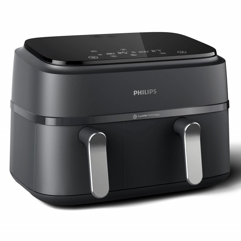 Двоен фритюрник с горещ въздух Philips NA351/00, 2750 W, 6+3 л, 80-200C, 1.5 кг, 8 програми, Сензорен дисплей, Копиране и синхронизиране, Черен/Сребрист