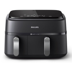 Двоен фритюрник с горещ въздух Philips NA351/00, 2750 W, 6+3 л, 80-200C, 1.5 кг, 8 програми, Сензорен дисплей, Копиране и синхронизиране, Черен/Сребрист