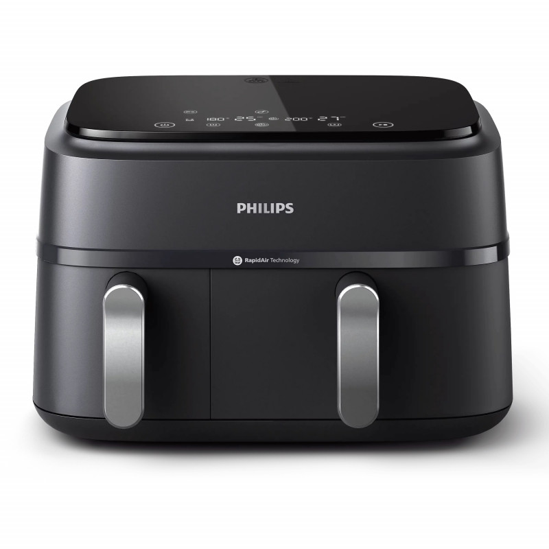 Двоен фритюрник с горещ въздух Philips NA351/00, 2750 W, 6+3 л, 80-200C, 1.5 кг, 8 програми, Сензорен дисплей, Копиране и синхронизиране, Черен/Сребрист