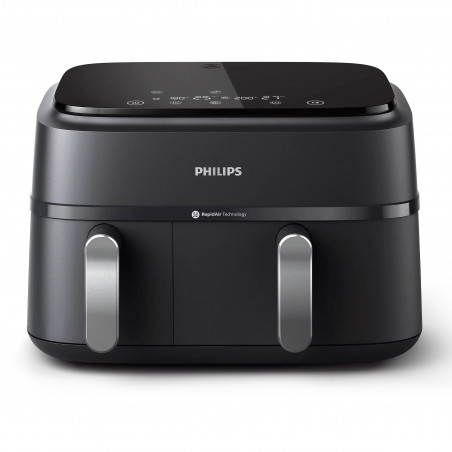 Двоен фритюрник с горещ въздух Philips NA351/00, 2750 W, 6+3 л, 80-200C, 1.5 кг, 8 програми, Сензорен дисплей, Копиране и синхронизиране, Черен/Сребрист
