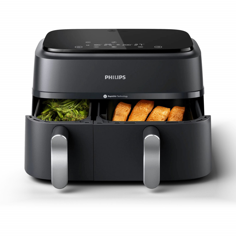 Двоен фритюрник с горещ въздух Philips NA351/00, 2750 W, 6+3 л, 80-200C, 1.5 кг, 8 програми, Сензорен дисплей, Копиране и синхронизиране, Черен/Сребрист