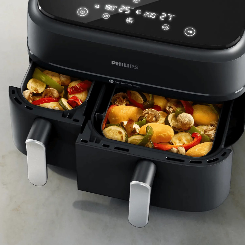 Двоен фритюрник с горещ въздух Philips NA351/00, 2750 W, 6+3 л, 80-200C, 1.5 кг, 8 програми, Сензорен дисплей, Копиране и синхронизиране, Черен/Сребрист