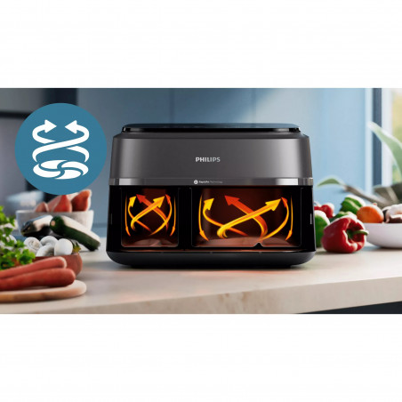 Двоен фритюрник с горещ въздух Philips NA351/00, 2750 W, 6+3 л, 80-200C, 1.5 кг, 8 програми, Сензорен дисплей, Копиране и синхронизиране, Черен/Сребрист