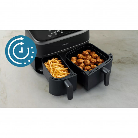 Двоен фритюрник с горещ въздух Philips NA351/00, 2750 W, 6+3 л, 80-200C, 1.5 кг, 8 програми, Сензорен дисплей, Копиране и синхронизиране, Черен/Сребрист