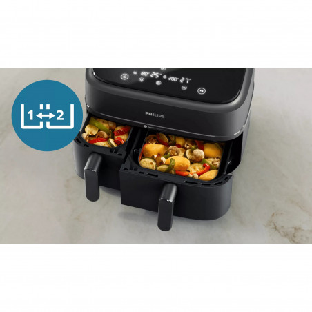 Двоен фритюрник с горещ въздух Philips NA351/00, 2750 W, 6+3 л, 80-200C, 1.5 кг, 8 програми, Сензорен дисплей, Копиране и синхронизиране, Черен/Сребрист