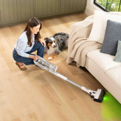 Вертикална прахосмукачка Levoit VortexIQ LSV-V221-VEU, 210W, 0.85 л, 50 мин, 3 степени, Зелена светлина при четката NeoSight™, 5-степенна HEPA, 180° глава, Бял/сребрист