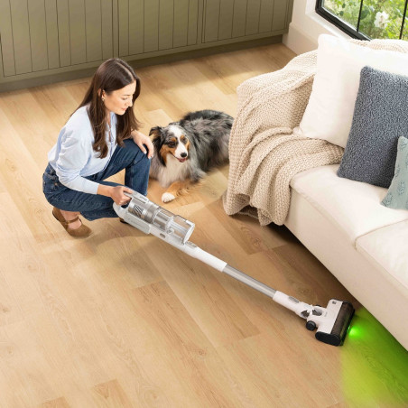 Вертикална прахосмукачка Levoit VortexIQ LSV-V221-VEU, 210W, 0.85 л, 50 мин, 3 степени, Зелена светлина при четката NeoSight™, 5-степенна HEPA, 180° глава, Бял/сребрист