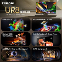 Телевизор Hisense 65UR8S, 4K UltraHD 3840 x 2160, 65", Клас E, Mini-LED, 180 Hz, Антирефлексно покритие, Hi-View AI Engine RGB, VIDAA, Черен