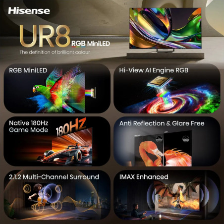 Телевизор Hisense 65UR8S, 4K UltraHD 3840 x 2160, 65", Клас E, Mini-LED, 180 Hz, Антирефлексно покритие, Hi-View AI Engine RGB, VIDAA, Черен