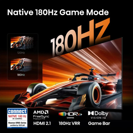 Телевизор Hisense 65UR8S, 4K UltraHD 3840 x 2160, 65", Клас E, Mini-LED, 180 Hz, Антирефлексно покритие, Hi-View AI Engine RGB, VIDAA, Черен
