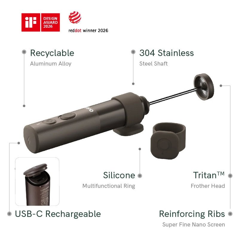 Миксер за разпенване на мляко Outin LattoGo, 2 скорости, MeshWhisk, 1400 mAh, USB Type-C, Кафяв