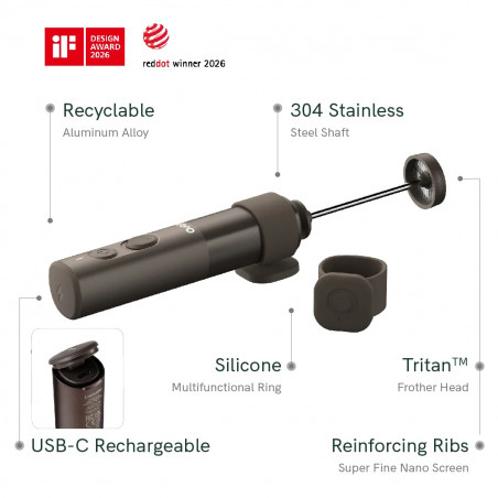 Миксер за разпенване на мляко Outin LattoGo, 2 скорости, MeshWhisk, 1400 mAh, USB Type-C, Кафяв