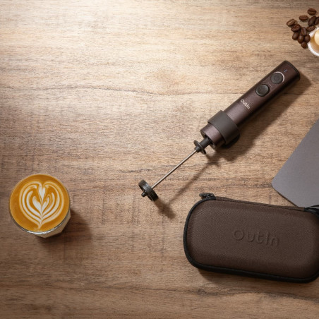 Миксер за разпенване на мляко Outin LattoGo, 2 скорости, MeshWhisk, 1400 mAh, USB Type-C, Кафяв
