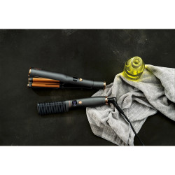 Комплект електрическа четка и ретро преса Carrera Classic 21291122, 40/55W, Бързо заграване, 6 температури, LED Дисплей, Черен/Кафяв