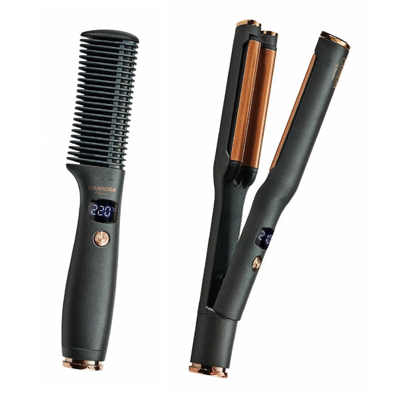 Комплект електрическа четка и ретро преса Carrera Classic 21291122, 40/55W, Бързо заграване, 6 температури, LED Дисплей, Черен/Кафяв