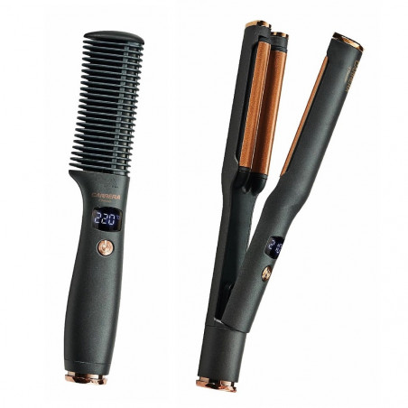 Комплект електрическа четка и ретро преса Carrera Classic 21291122, 40/55W, Бързо заграване, 6 температури, LED Дисплей, Черен/Кафяв
